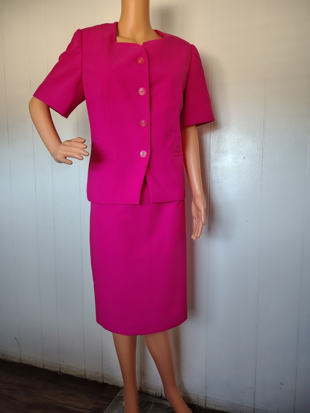 Vtg Emily Hot Pink Skirt Suit 2 Piece Set Short Sleeve Blazer Size 14